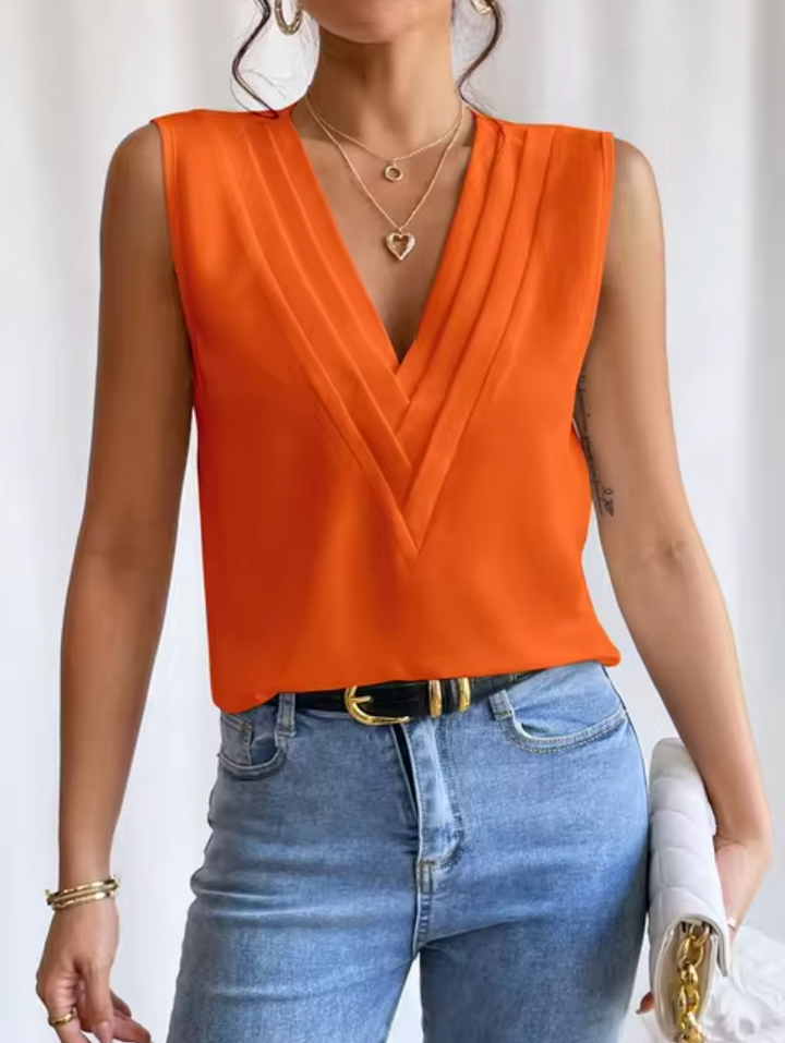 Stylish V-neck sleeveless top for women, offering both elegance and casual comfort.