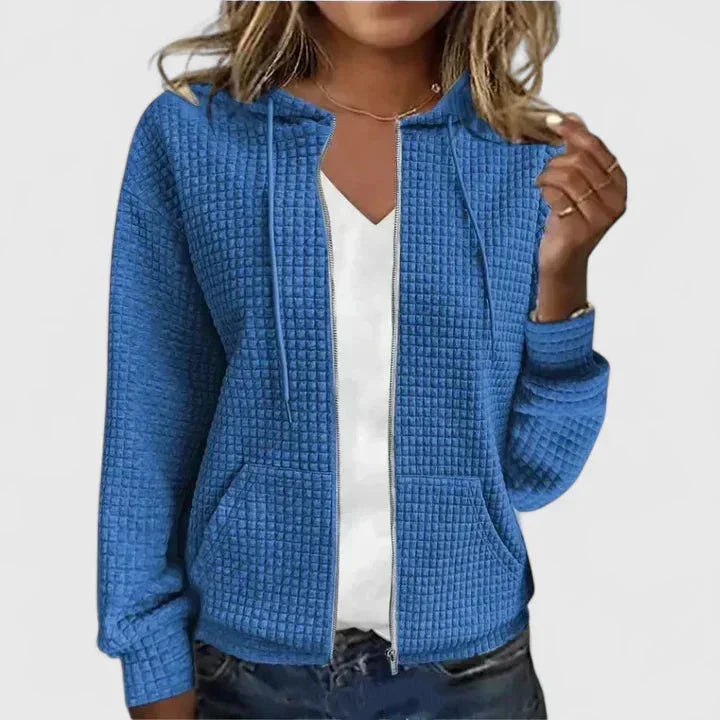 Women's waffle-knit hooded cardigan, full-zip with pockets. Casual layering sweater for comfort & style.