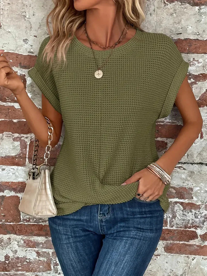 Casual women's waffle knit top, short sleeve with a unique front twist, versatile for any occasion.