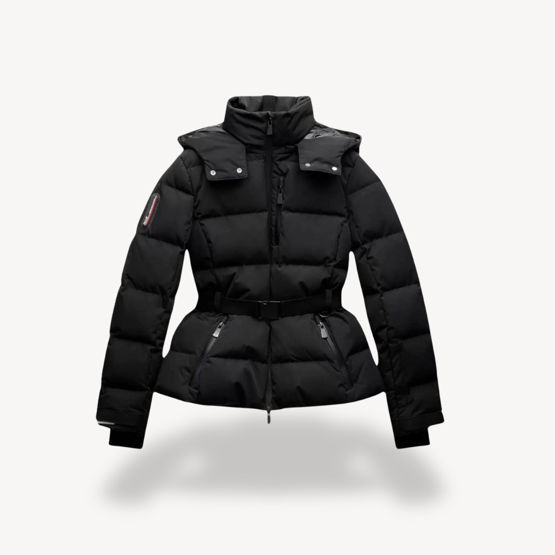 Women's warm belted puffer jacket with hood, ideal for cold weather. Stylish black quilted outerwear.