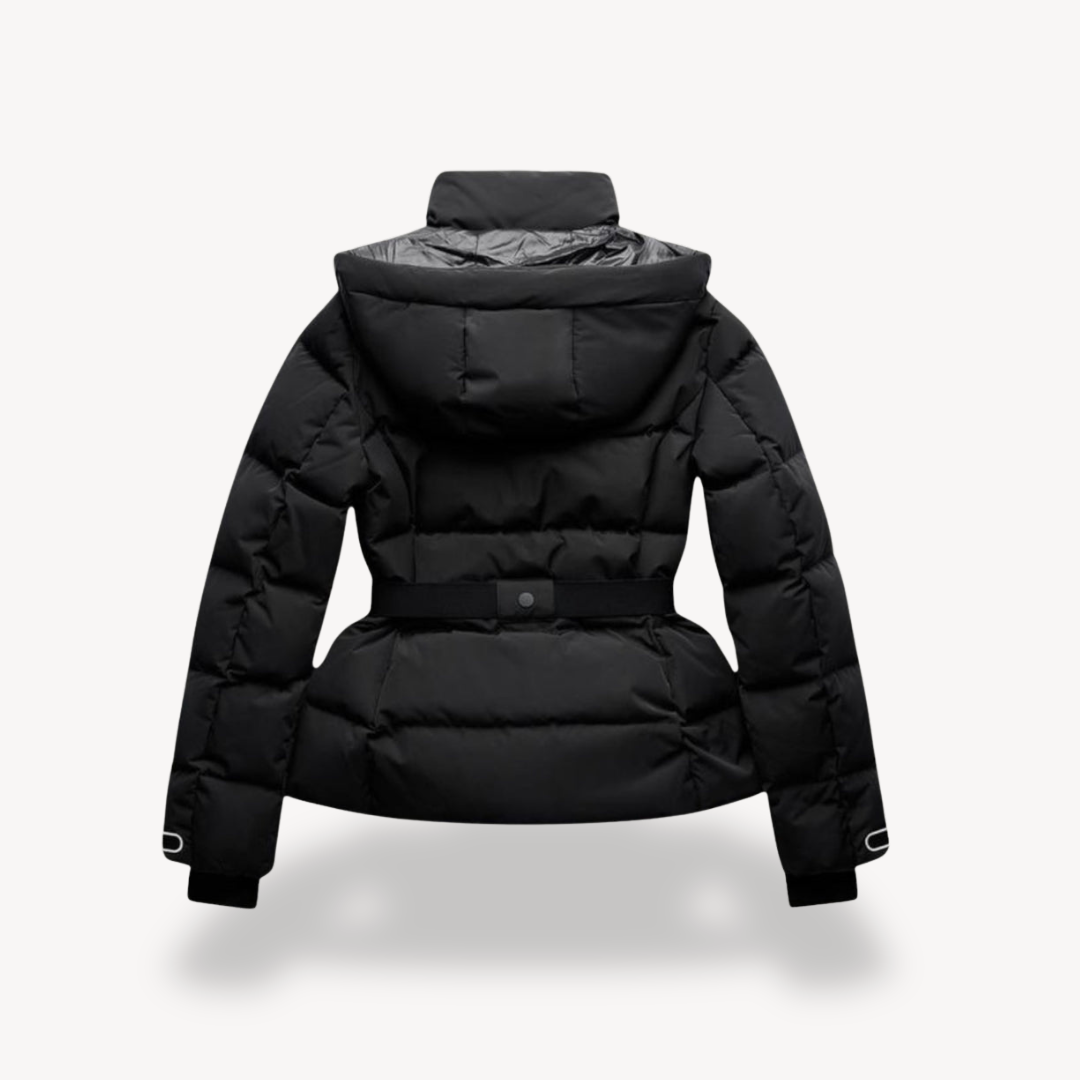 Cozy women's black belted puffer jacket with hood. Warm quilted winter coat for stylish cold weather protection.
