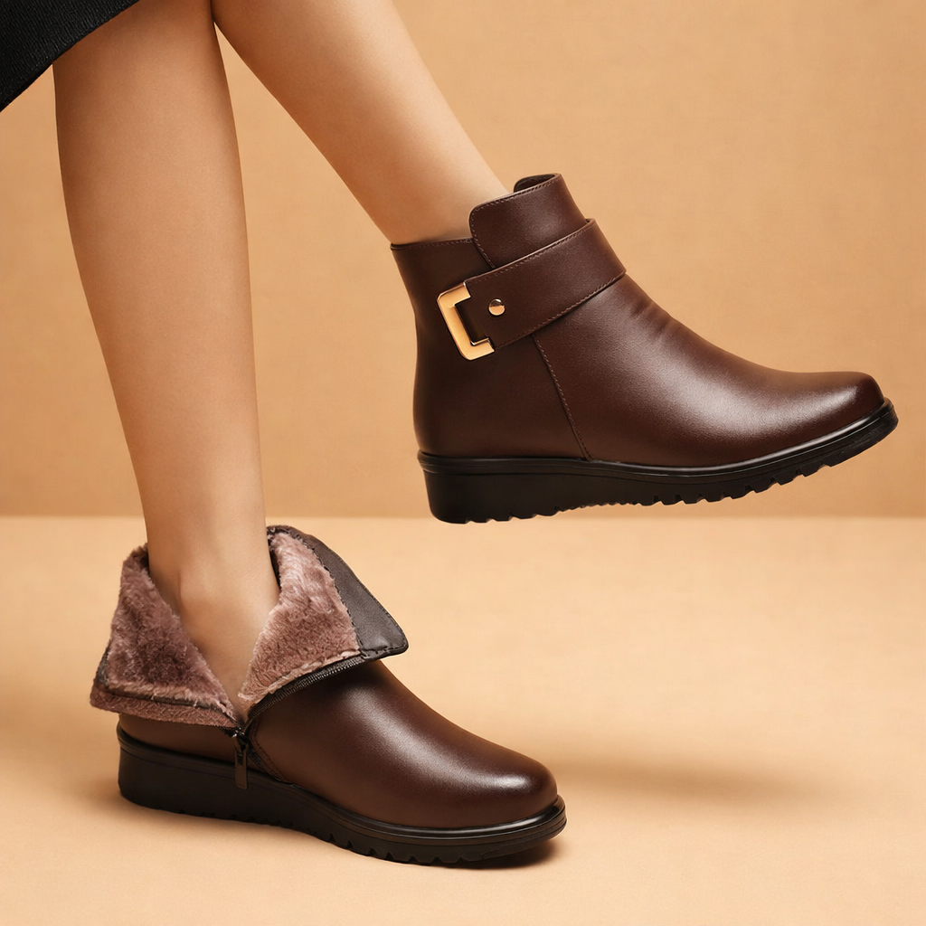 Women's warm lined brown ankle winter boots for cozy comfort & stylish cold weather footwear.