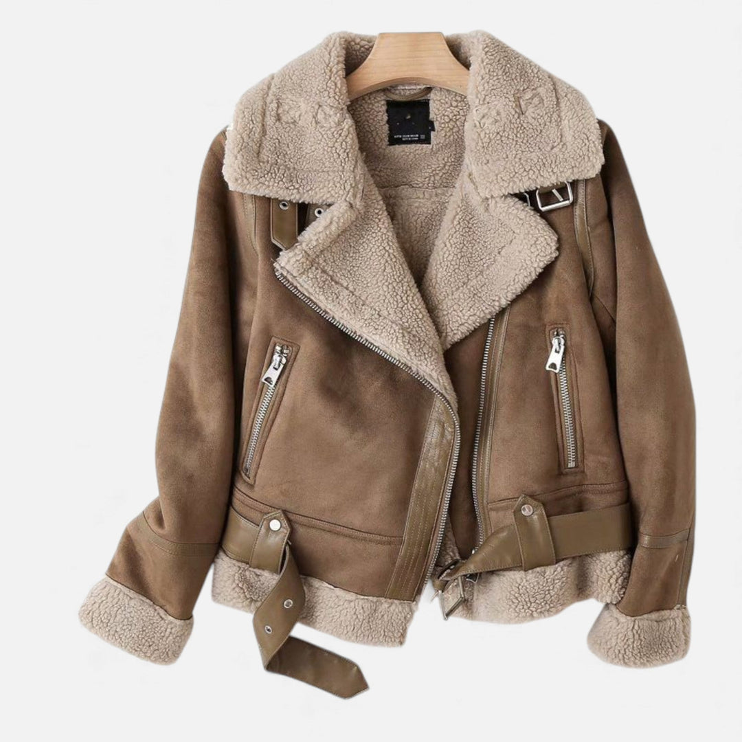 Women's warm suede moto jacket with elegant lapel collar for fall fashion.