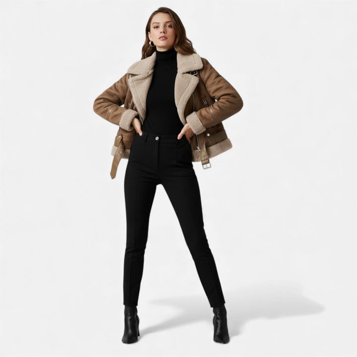 Chic moto-style women's jacket crafted from warm, luxurious suede.