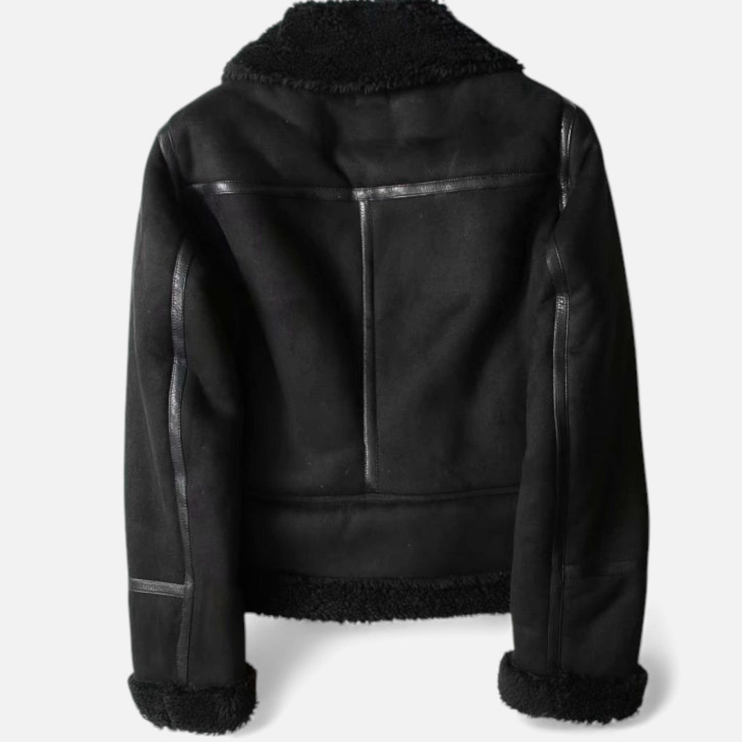 Cozy and elegant women's warm suede coat with a classic moto jacket design.