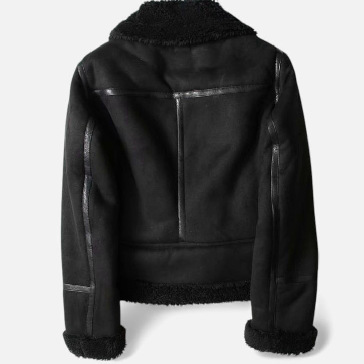Cozy and elegant women's warm suede coat with a classic moto jacket design.