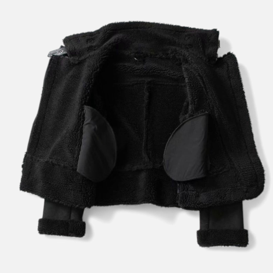 Fashionable women's jacket featuring a lapel collar and soft suede material.