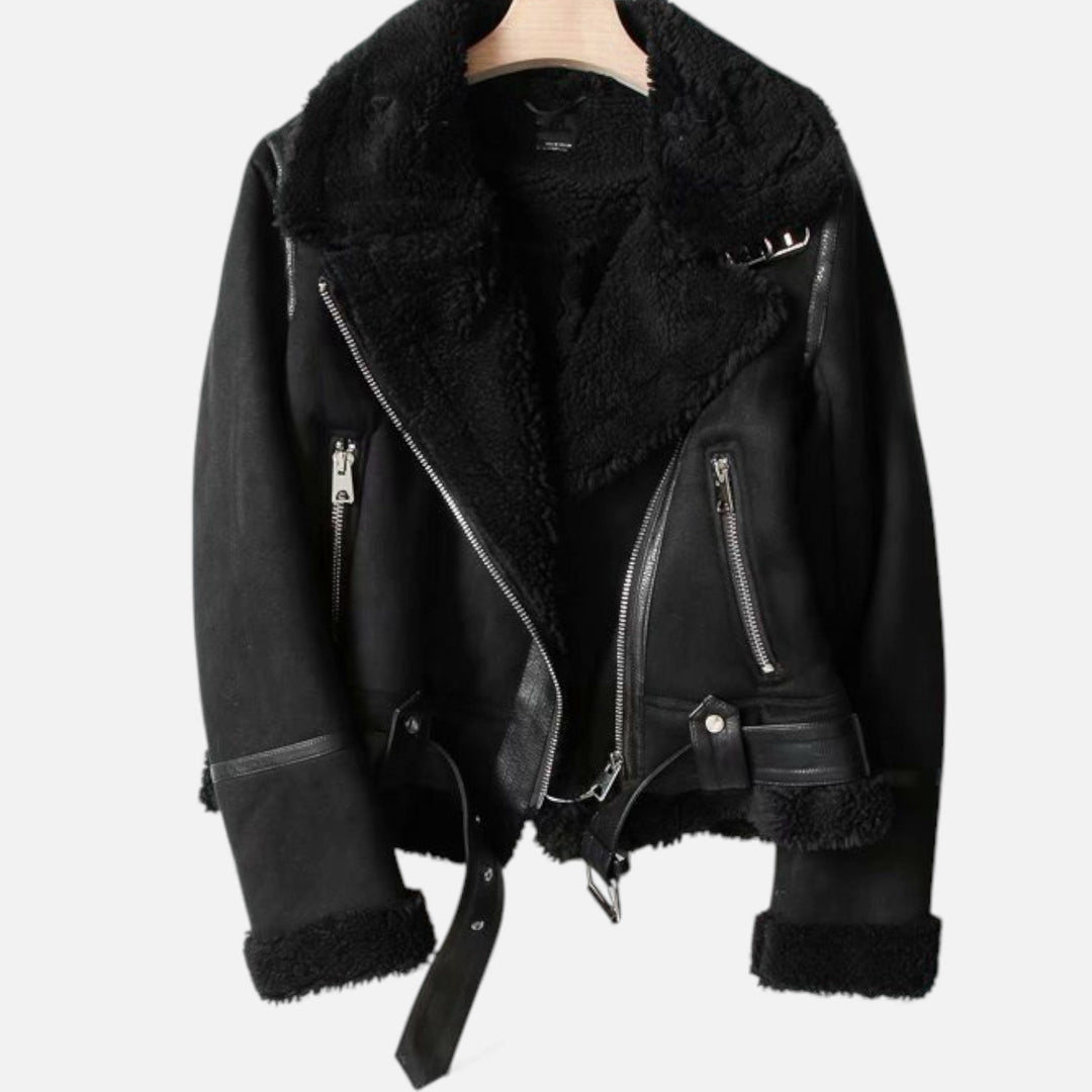 Warm and elegant women's suede outerwear, a must-have moto-style winter coat.