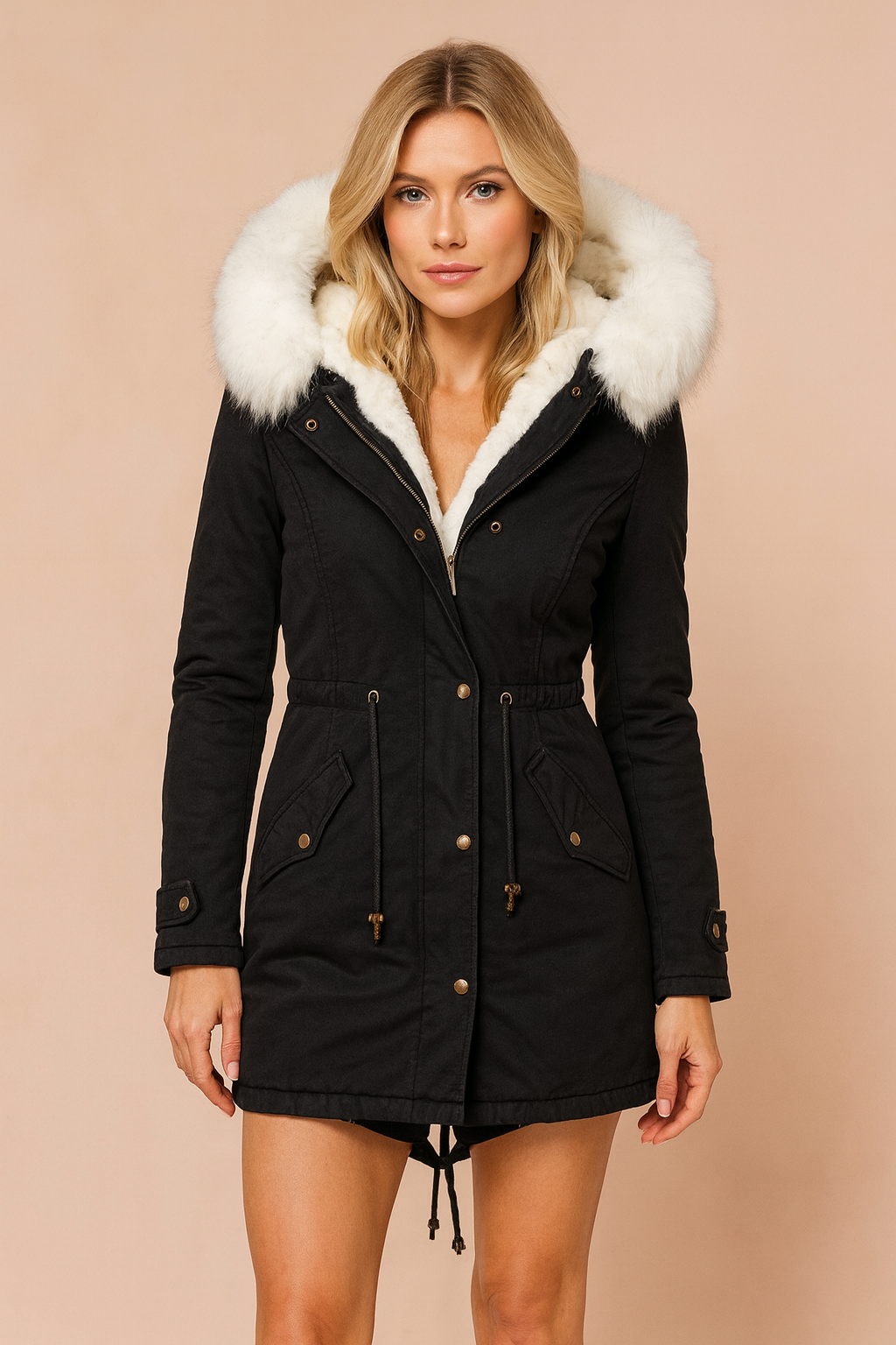Women's warm winter parka with cozy faux fur hood. Insulated long coat, perfect for cold weather outerwear.