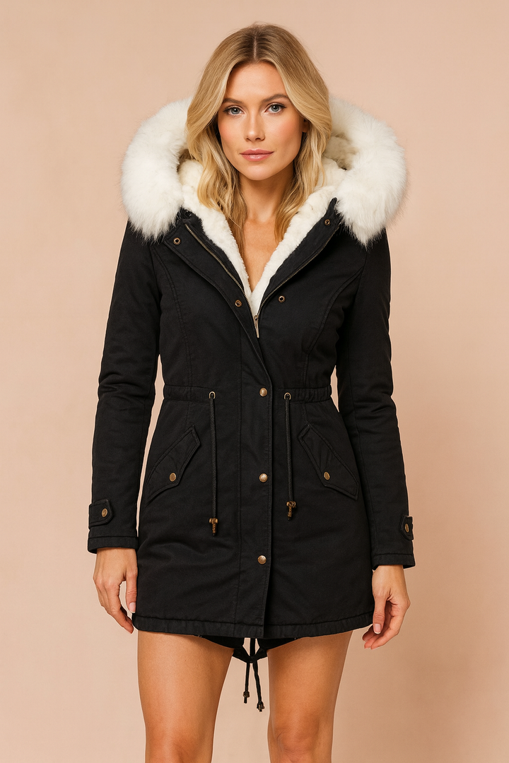 Women's warm winter parka with cozy faux fur hood. Insulated long coat, perfect for cold weather outerwear.