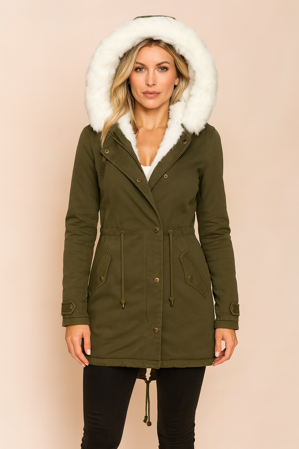 Stylish women's hooded winter parka. Faux fur trim, warm insulated jacket, ideal for casual winter fashion.