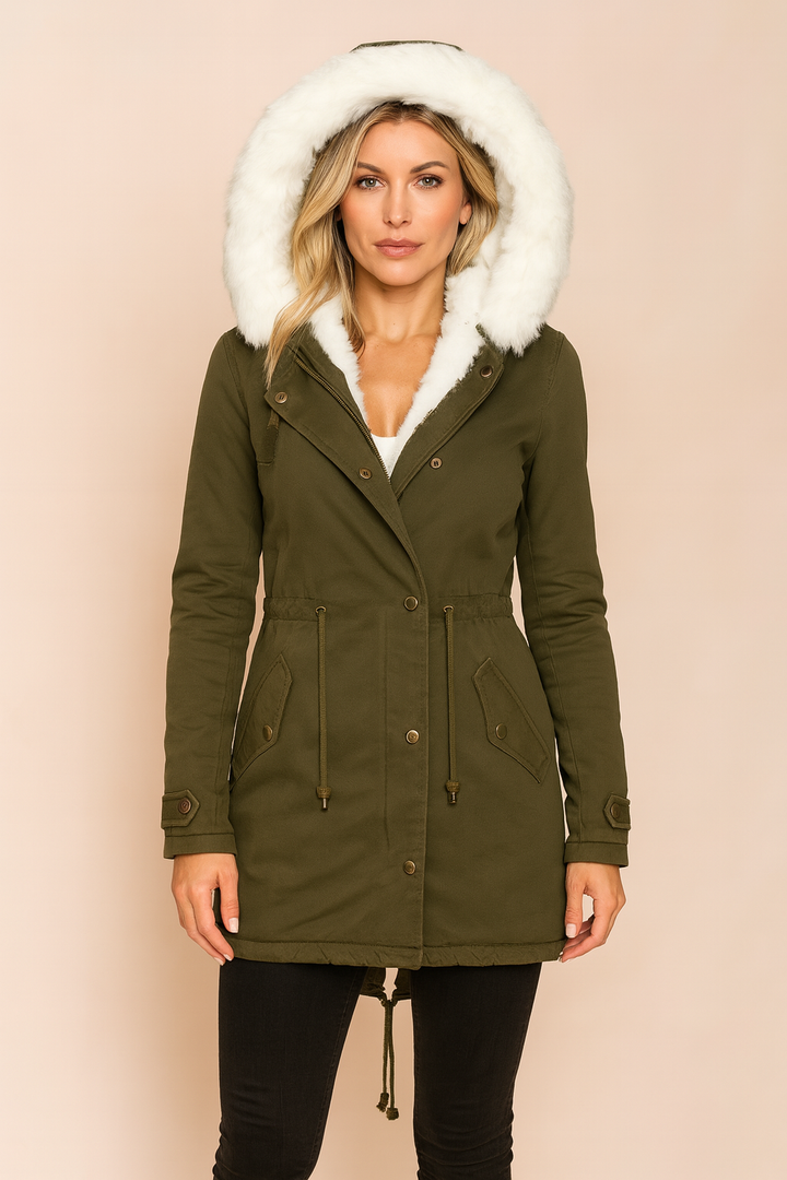 Stylish women's hooded winter parka. Faux fur trim, warm insulated jacket, ideal for casual winter fashion.