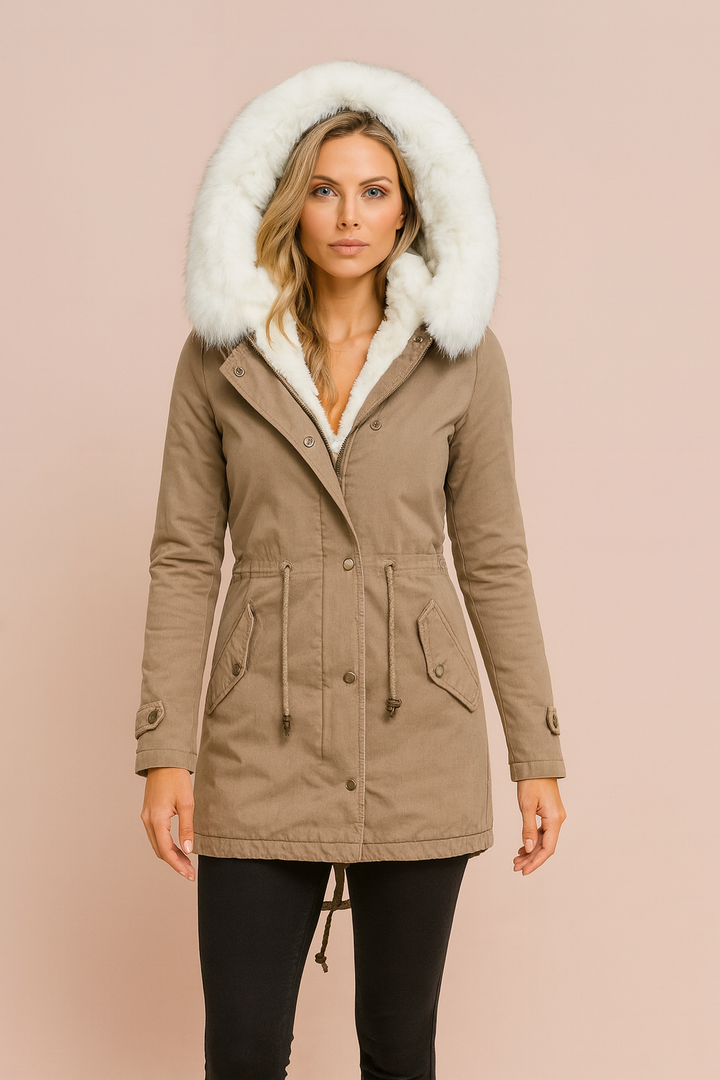 Cozy women's winter parka with soft faux fur hood. Insulated long coat for ultimate warmth in cold weather.