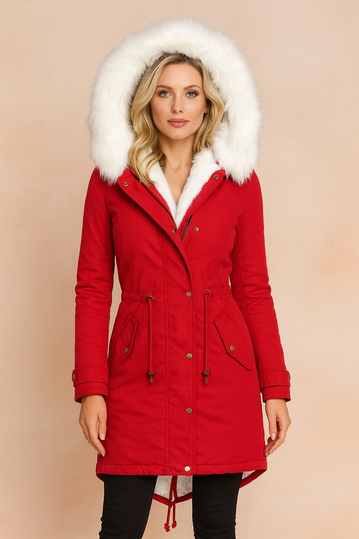 Elegant women's winter parka featuring a luxurious faux fur hood. Warm, insulated, long-length jacket for outerwear.