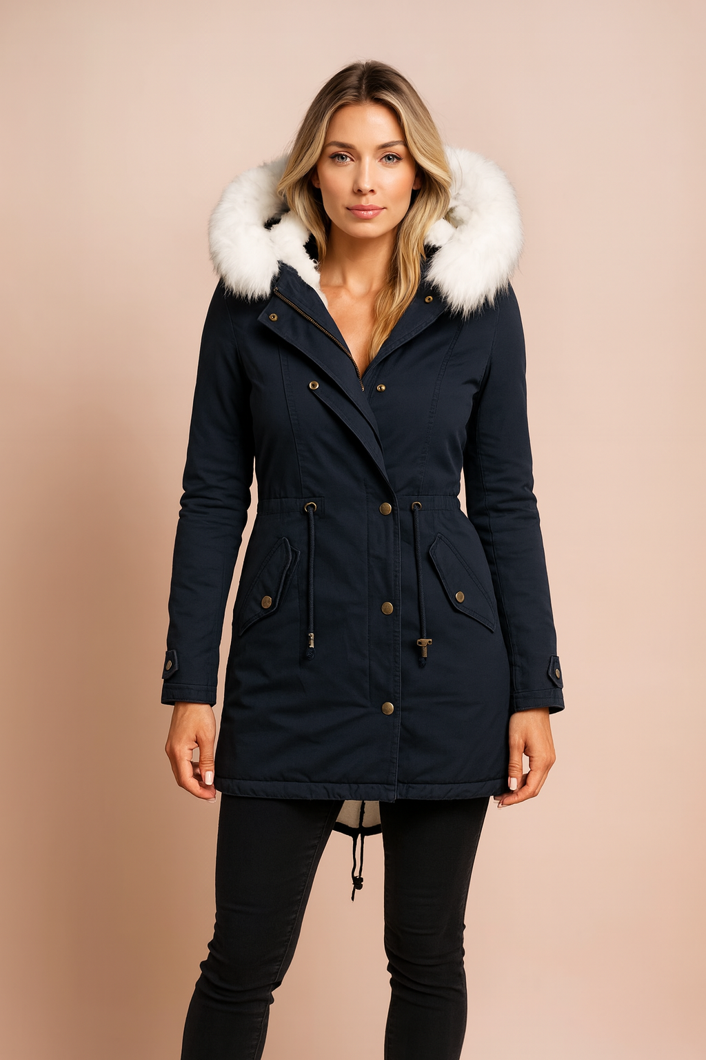 Durable women's winter parka with hooded faux fur. Insulated long jacket, essential warm outerwear for women.