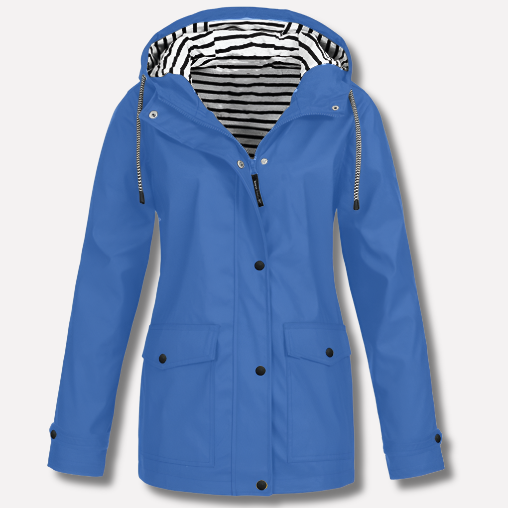 Water-resistant outerwear for women, featuring a hood for extra protection.