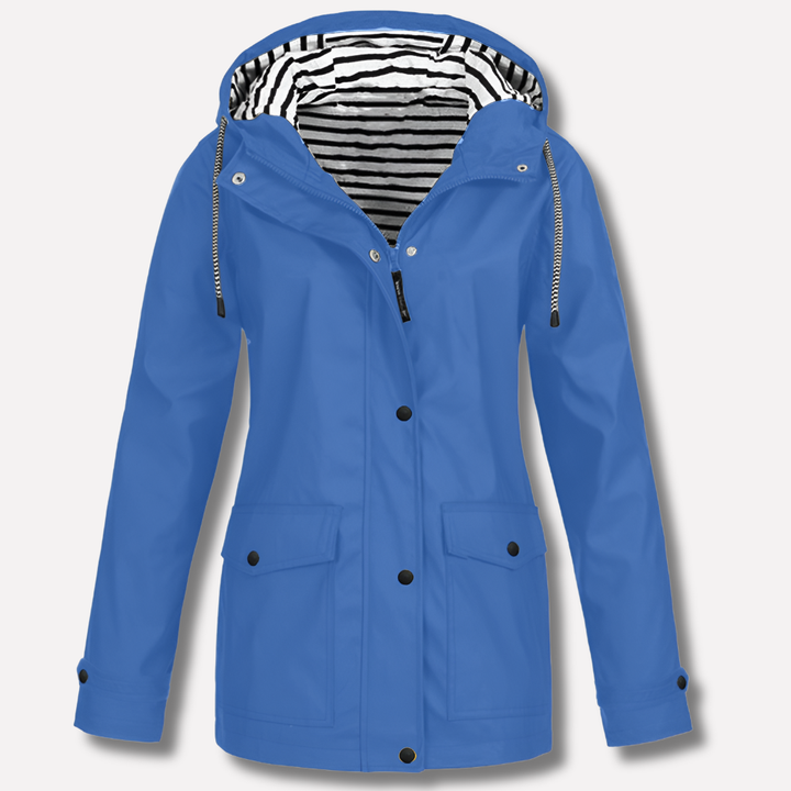 Water-resistant outerwear for women, featuring a hood for extra protection.