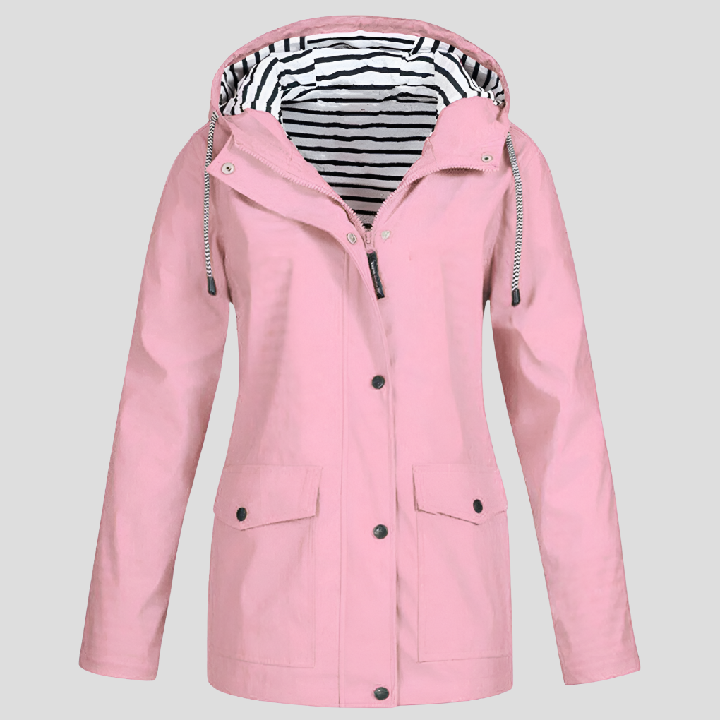 Versatile women's rain jacket with hood, great for hiking and outdoor exploration.