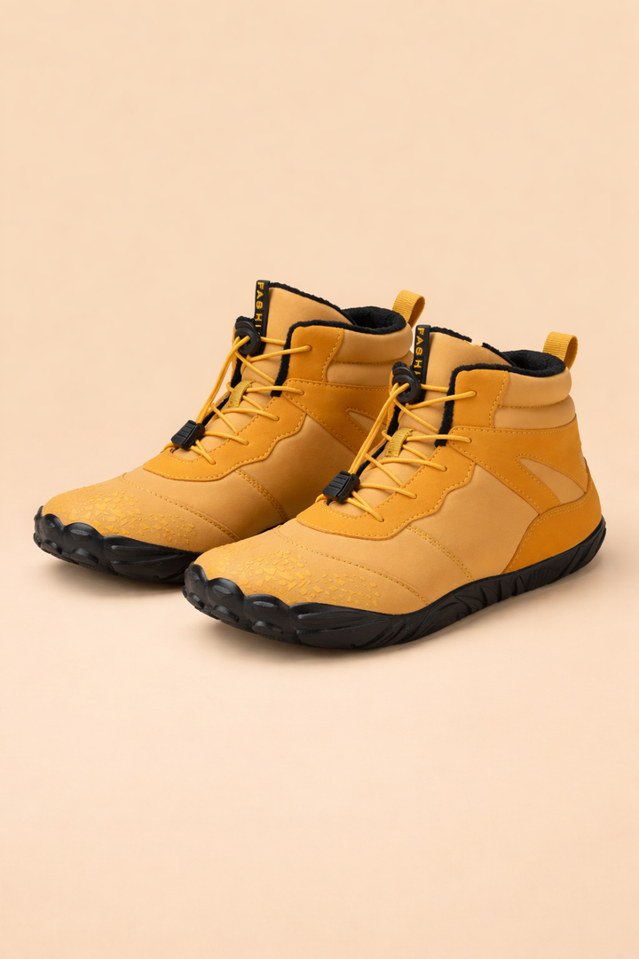 Black women's waterproof winter boots, barefoot style for minimalist comfort and warmth.