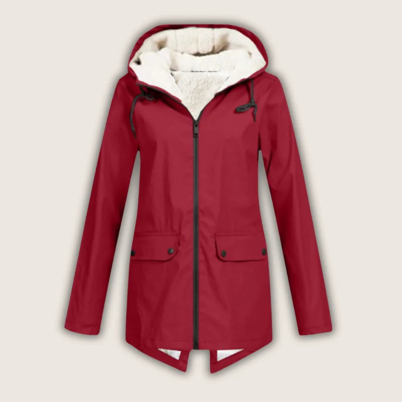 Women's waterproof hooded jacket with front pockets, ideal for rain and wind protection.