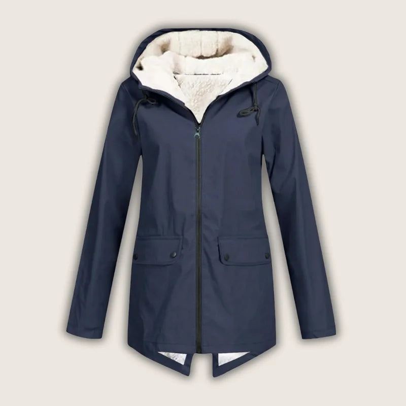 Stylish women's waterproof rain jacket, hooded design, durable outer shell, practical front pockets.