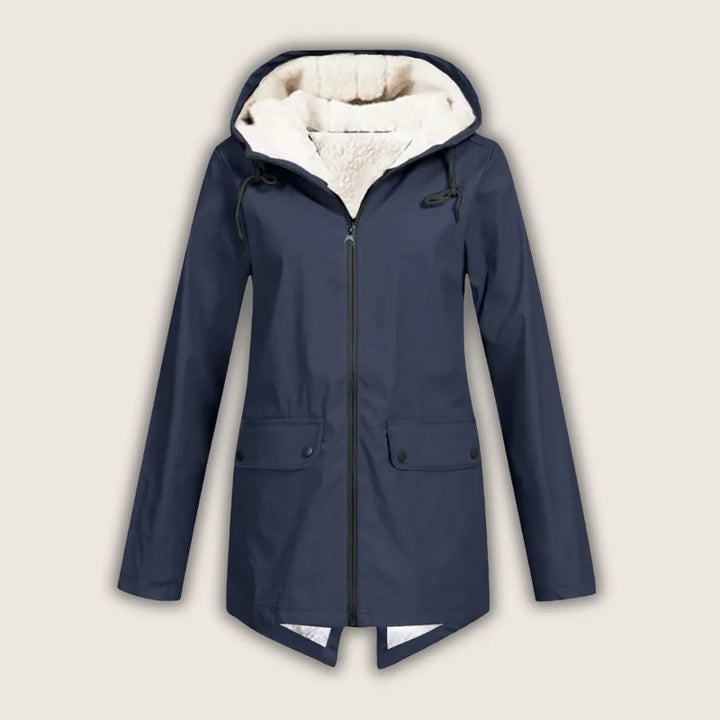 Stylish women's waterproof rain jacket, hooded design, durable outer shell, practical front pockets.