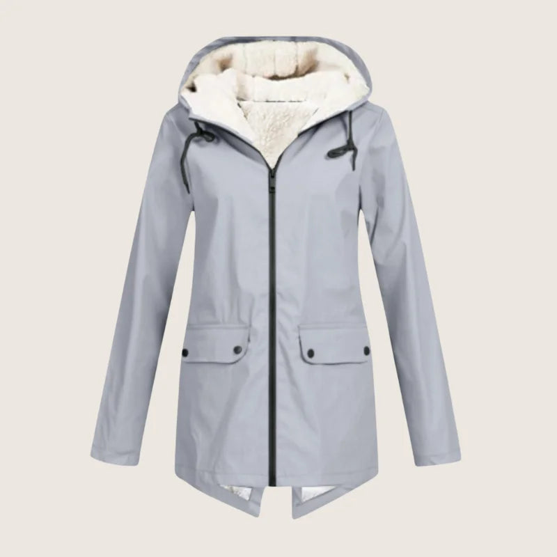 Outdoor women's hooded waterproof jacket, windproof, perfect for hiking and casual weather protection.