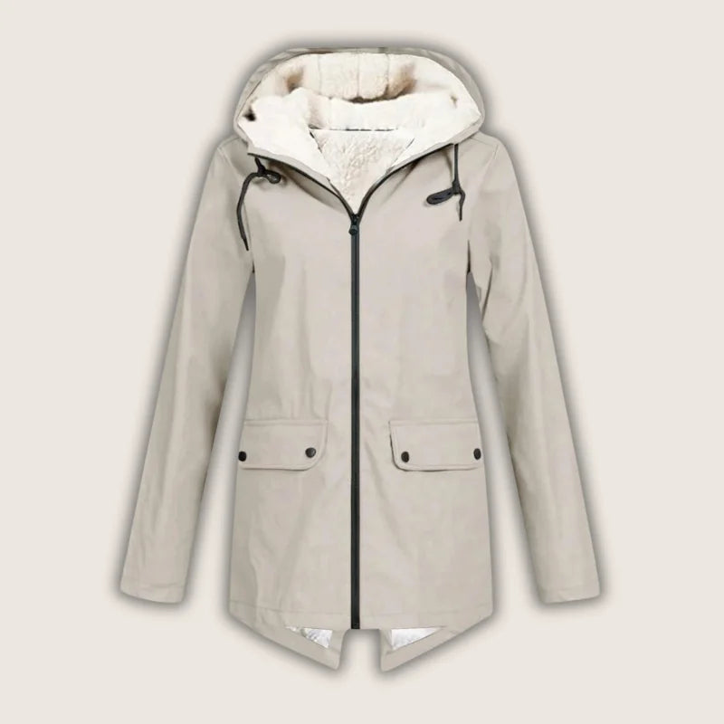 Women's all-weather hooded jacket, waterproof, windproof, with convenient front pockets for outerwear.