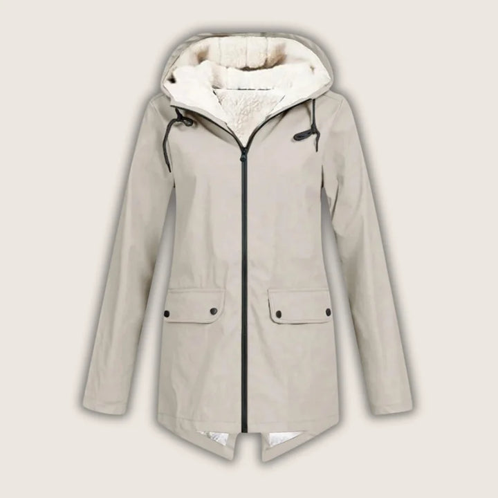 Women's all-weather hooded jacket, waterproof, windproof, with convenient front pockets for outerwear.