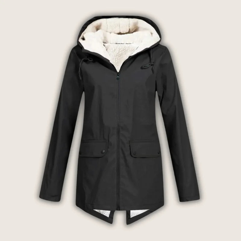 Women's waterproof rain jacket with hood and front pockets, durable and stylish for outdoor wear.