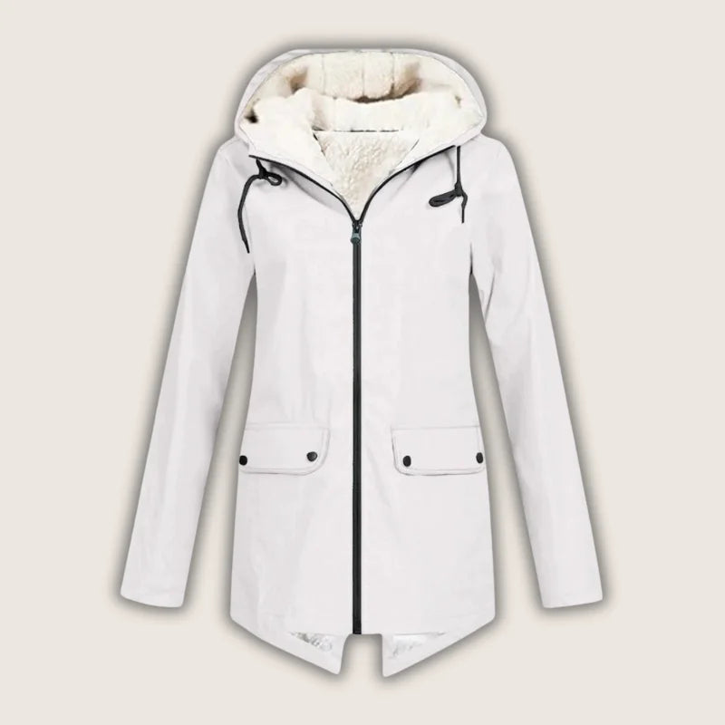 Fashionable women's hooded rain jacket, waterproof & windproof, featuring functional front pockets.