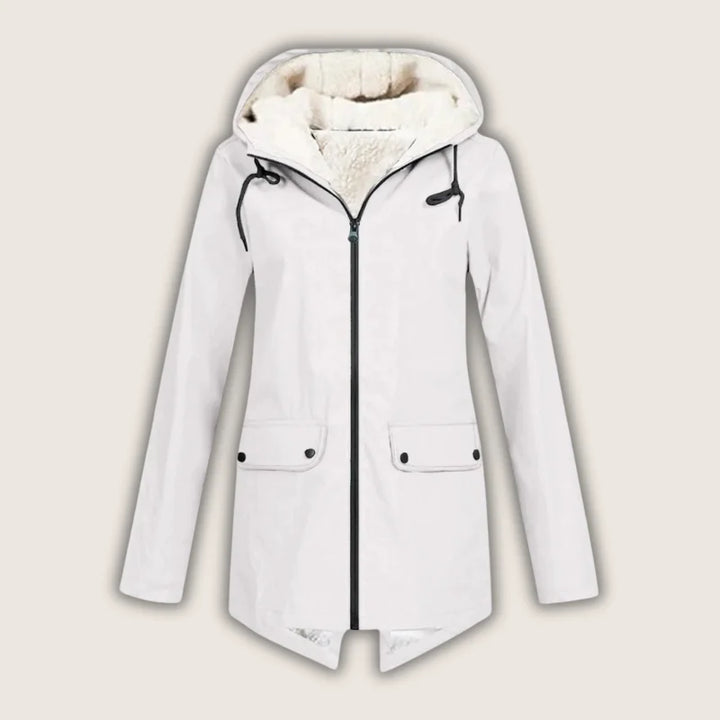 Fashionable women's hooded rain jacket, waterproof & windproof, featuring functional front pockets.