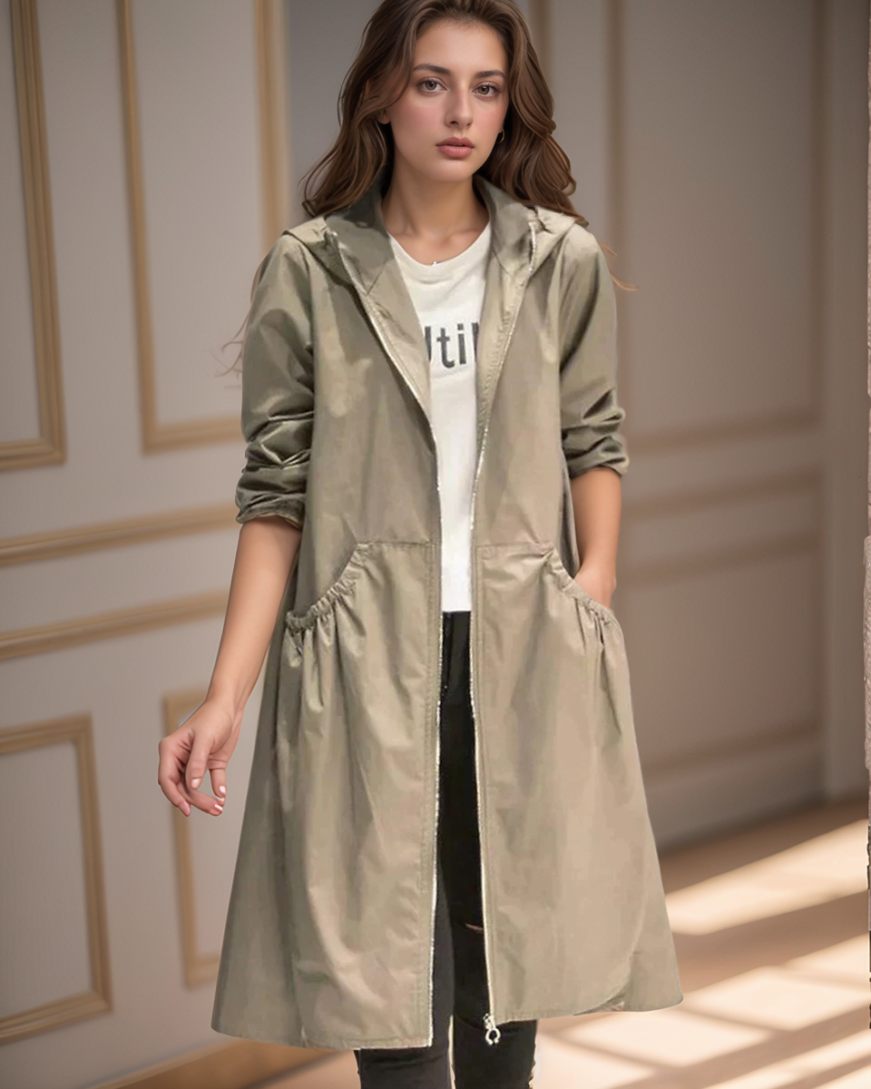 Women's waterproof hooded knee-length jacket, relaxed fit for ultimate comfort and rain protection.
