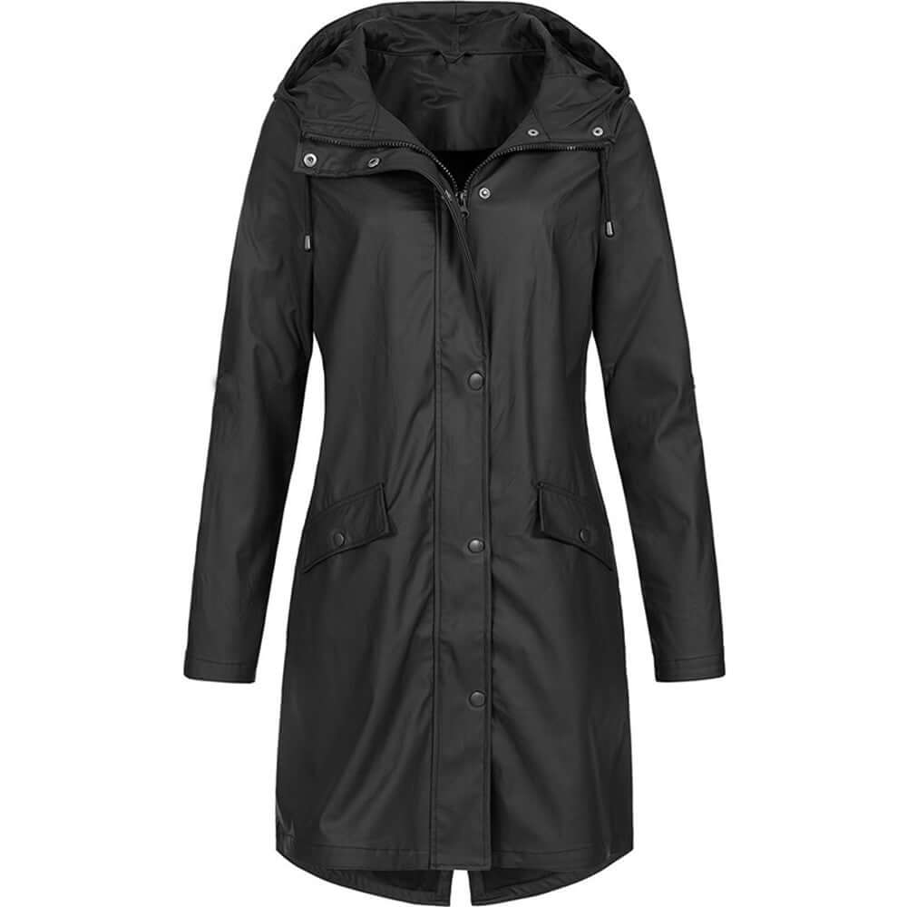 Women's waterproof hooded raincoat in black, perfect for spring & fall, offering stylish rain protection.