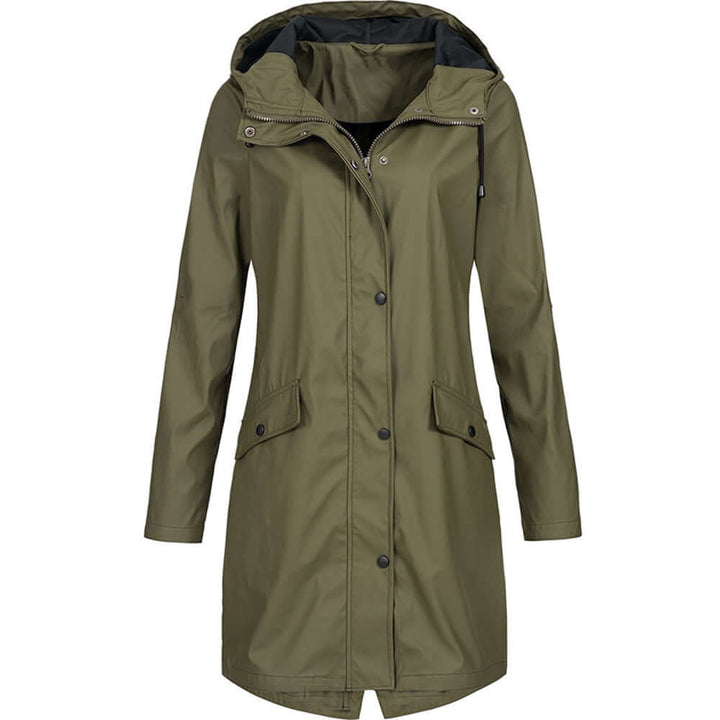 Lightweight women's rain jacket with hood, ideal for outdoor activities & everyday weather resistance.