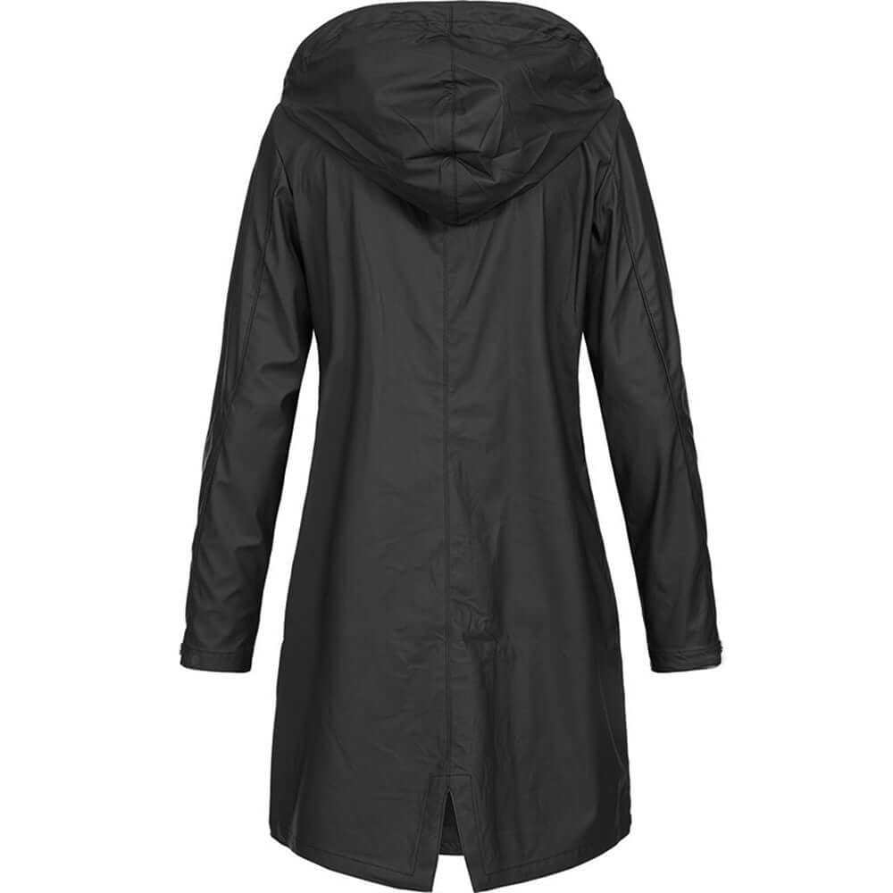 Stylish women's hooded raincoat in navy, designed for all seasons, providing ultimate waterproof protection.