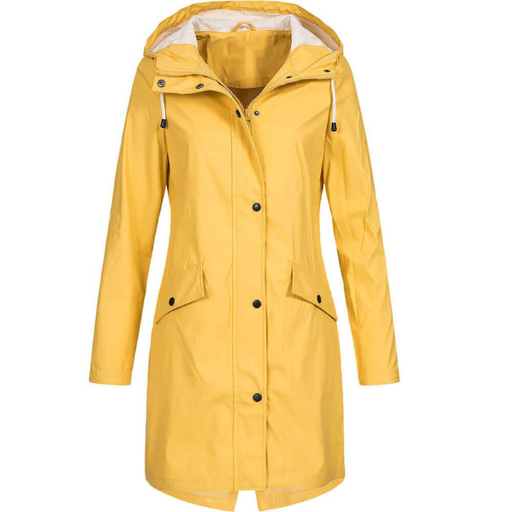 Practical women's waterproof outerwear with adjustable hood, great for casual wear & rainy days.