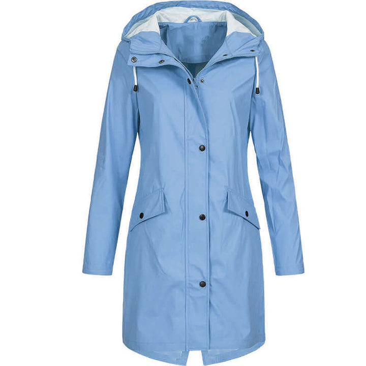 Fashionable women's rain protection coat, lightweight & hooded, suitable for spring and fall adventures.