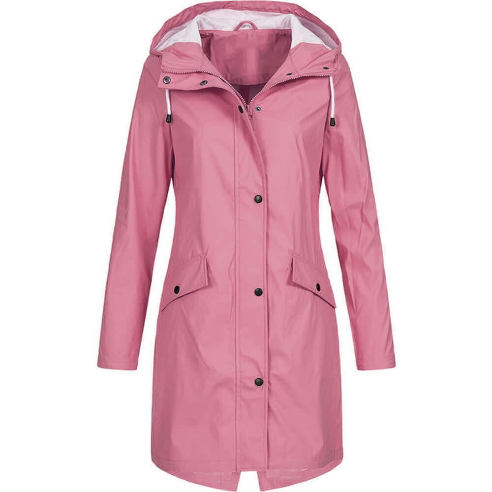 Durable women's hooded waterproof jacket for superior weather resistance and year-round style.