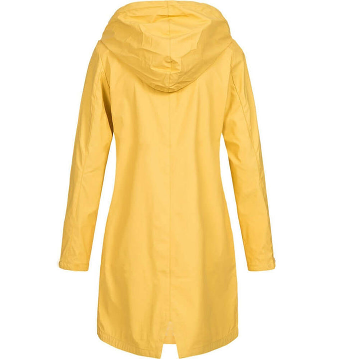 Casual women's waterproof jacket, hooded for full protection, ideal for outdoor and city wear.