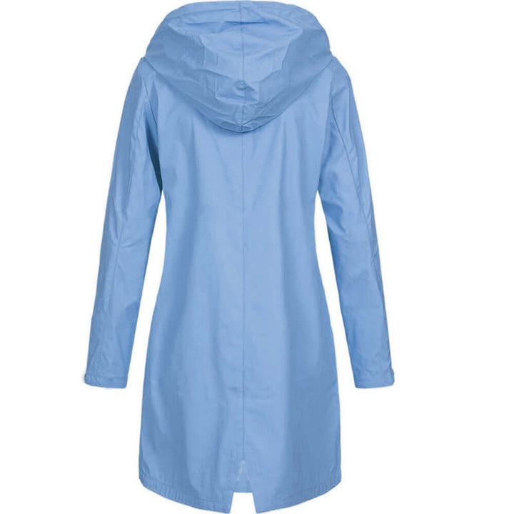 Elegant women's fall/spring raincoat, hooded & waterproof, perfect for stylish weather protection.