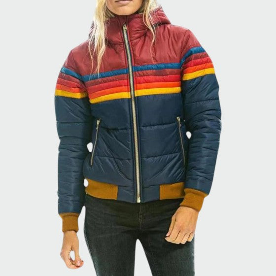 Women's waterproof insulated puffer jacket, perfect for winter comfort & cold weather.