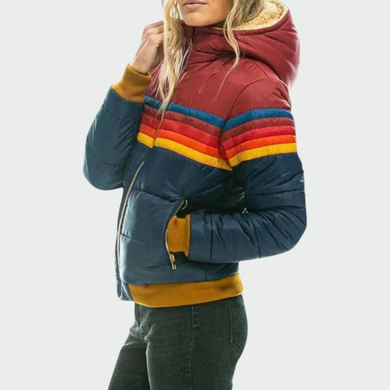 Fashionable women's insulated waterproof puffer jacket, great for staying warm in winter weather.