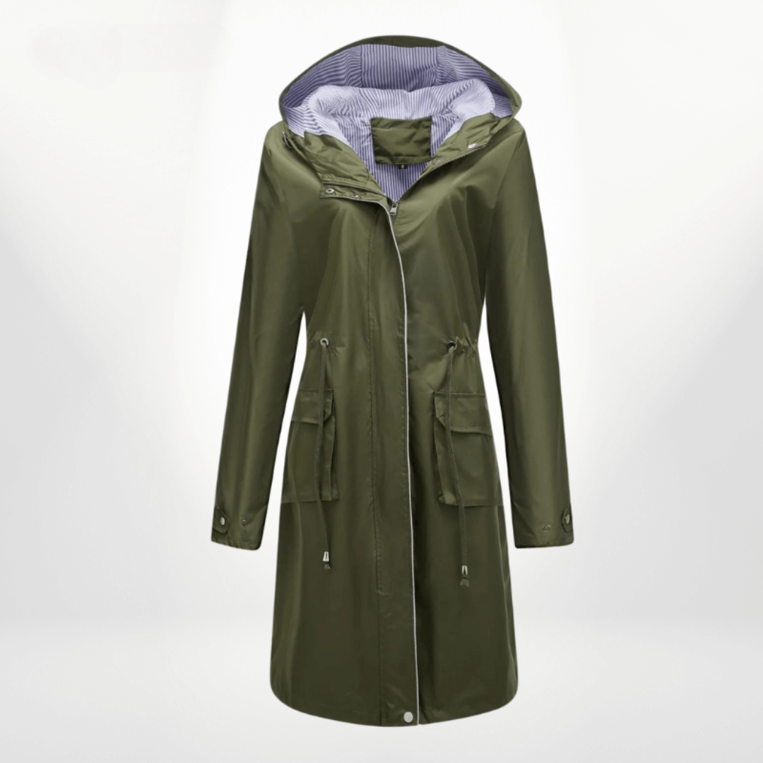 Women's long waterproof trench coat, sleek design for commuting & all-weather fashion.