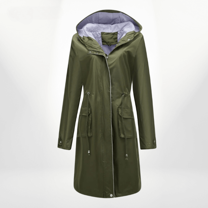 Women's long waterproof trench coat, sleek design for commuting & all-weather fashion.