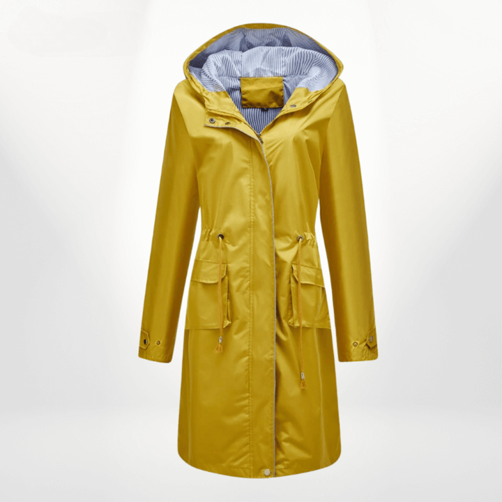 Over-knee women's waterproof trench coat, fashionable and practical outerwear for rainy days.