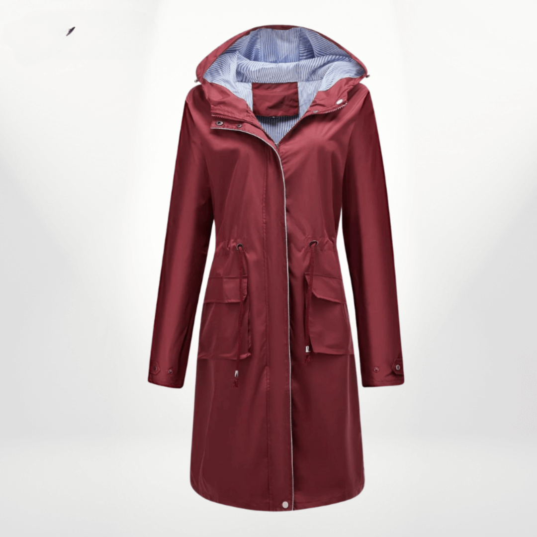 Women's stylish waterproof over-knee trench coat, durable all-weather outerwear for spring/fall.
