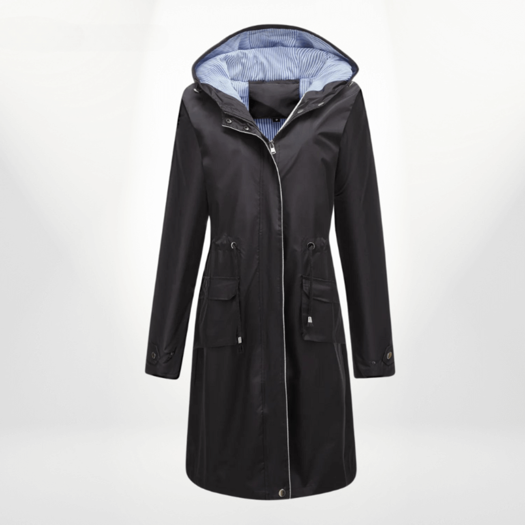 Women's durable waterproof over-knee trench coat, essential all-weather outerwear jacket.