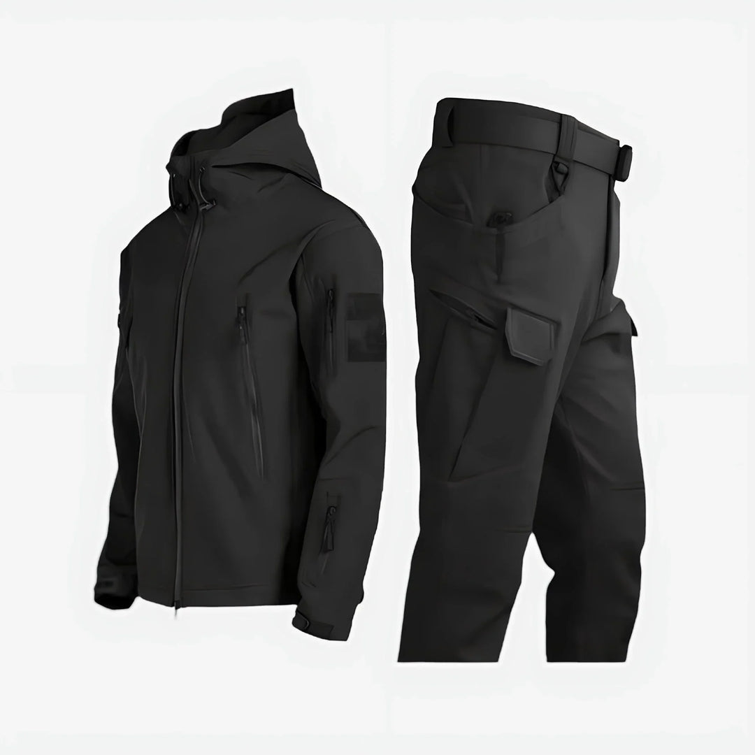 Women's waterproof tactical outdoor set with hooded jacket & cargo pants for hiking adventures.