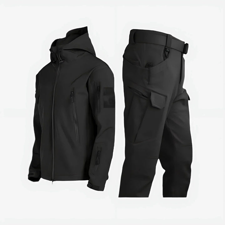 Women's waterproof tactical outdoor set with hooded jacket & cargo pants for hiking adventures.